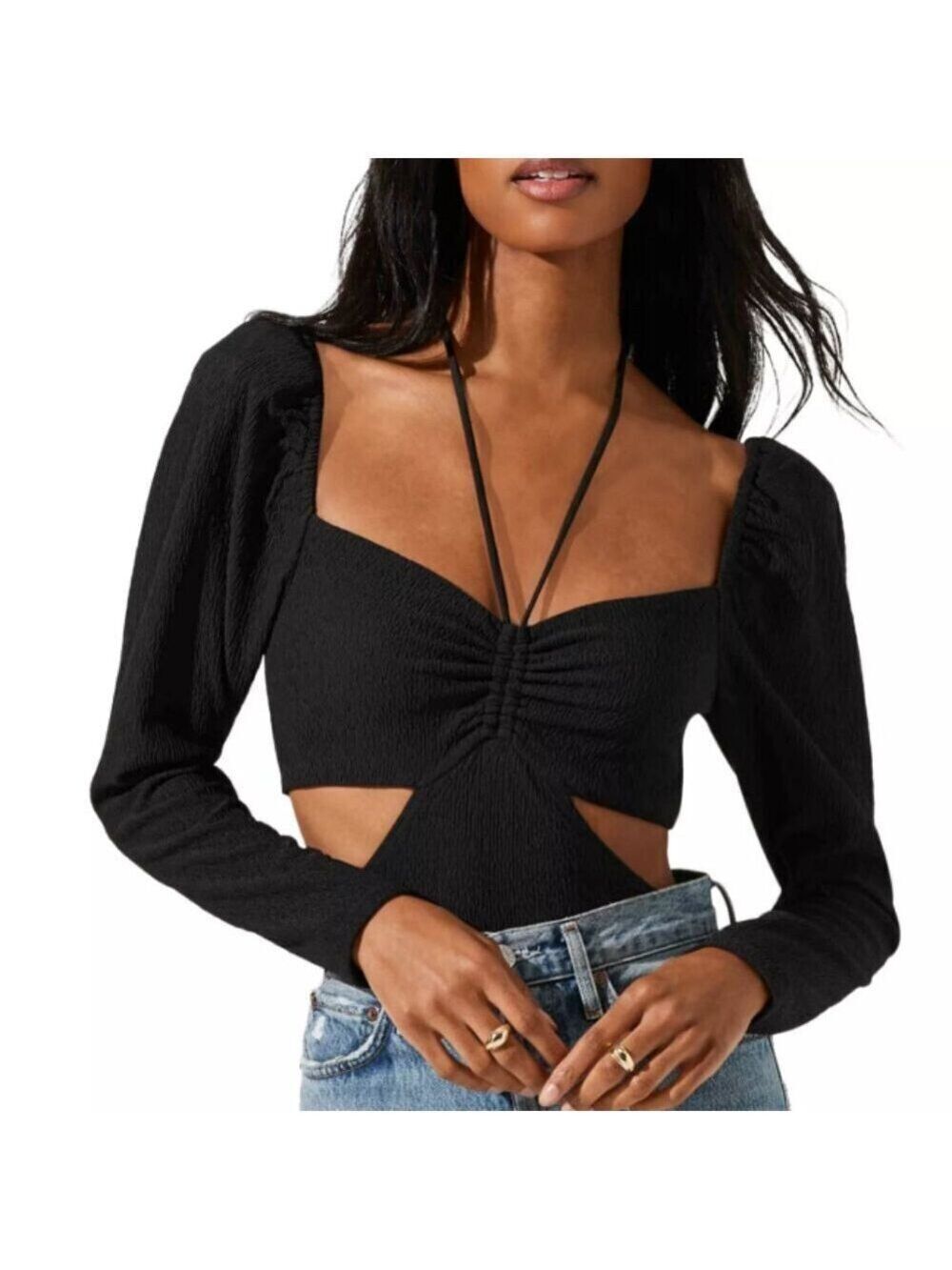 ASTR Women's Black Dionne Thong Halter Cutout Bodysuit Size Medium